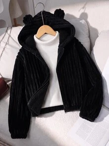 Tween Girl Long Sleeve Fall Clothes Fall 1pc 3D Ear Design Hooded Coral Fleece Jacket School Black Winter Cute Kawaii - Black - View 2