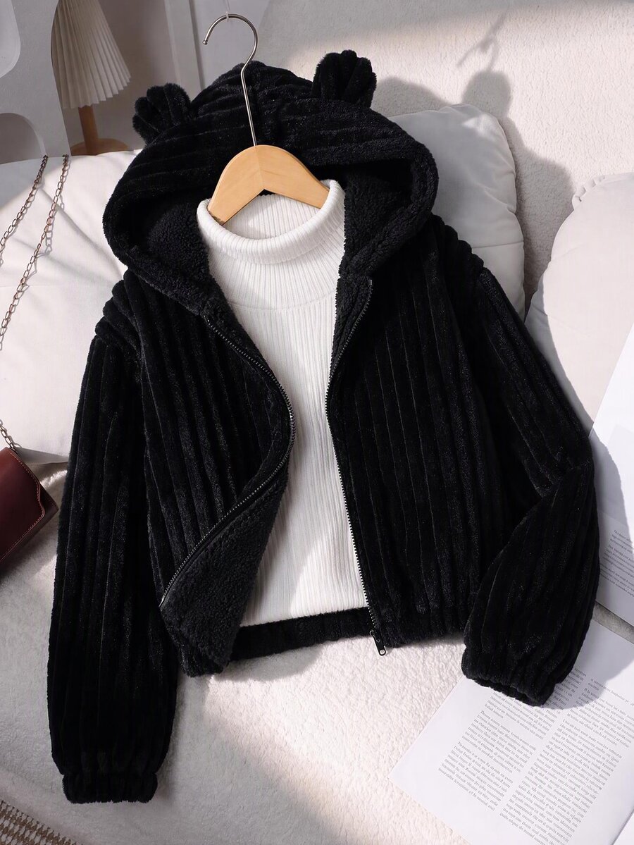 Tween Girl Long Sleeve Fall Clothes Fall 1pc 3D Ear Design Hooded Coral Fleece Jacket School Black Winter Cute Kawaii
