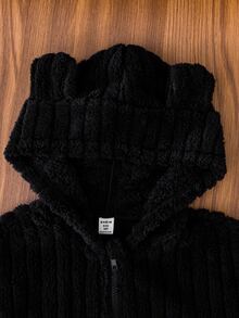 Tween Girl Long Sleeve Fall Clothes Fall 1pc 3D Ear Design Hooded Coral Fleece Jacket School Black Winter Cute Kawaii - Black - View 5