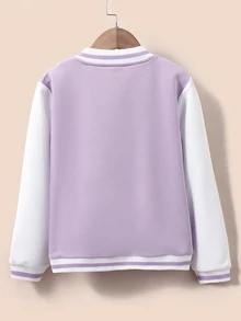 SHEIN Tween Girls Fall Clothes Beige Long Sleeve Letter Patched Striped Trim Varsity Jacket Without Zip Up Tee, Fall, Casual, Back To School, For Girls - Mauve Purple - View 2