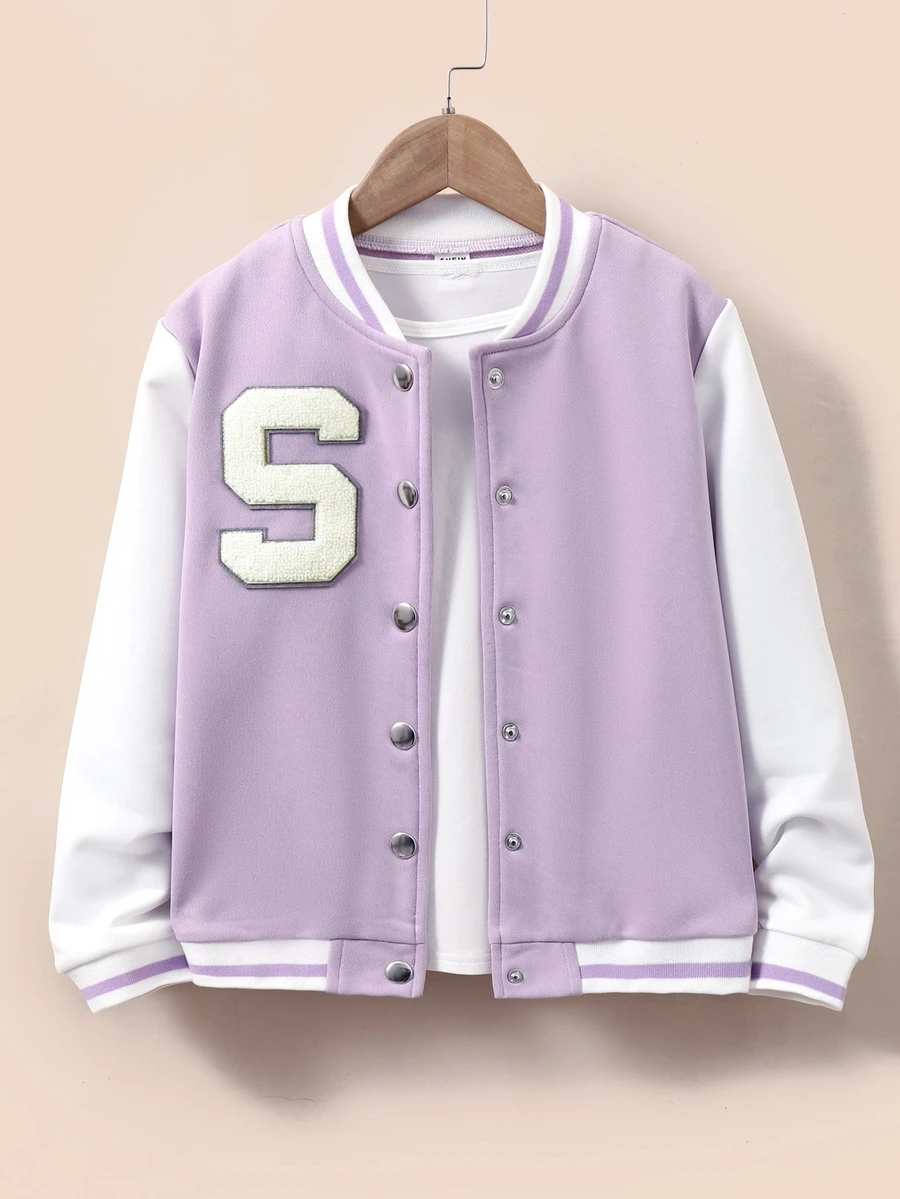 SHEIN Tween Girls Fall Clothes Beige Long Sleeve Letter Patched Striped Trim Varsity Jacket Without Zip Up Tee, Fall, Casual, Back To School, For Girls - Mauve Purple - View 1