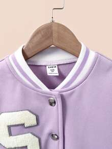 SHEIN Tween Girls Fall Clothes Beige Long Sleeve Letter Patched Striped Trim Varsity Jacket Without Zip Up Tee, Fall, Casual, Back To School, For Girls - Mauve Purple - View 5