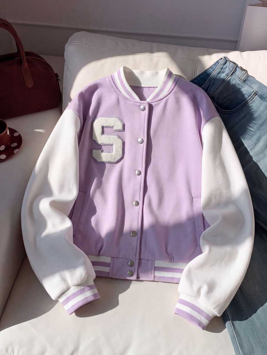 SHEIN 青少年女孩秋季米色長袖字母拼接條紋飾邊棒球夾克，無拉鍊 T 恤，休閒開學穿搭，女童適用