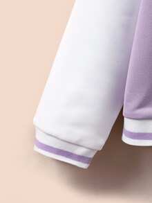 SHEIN Tween Girls Fall Clothes Beige Long Sleeve Letter Patched Striped Trim Varsity Jacket Without Zip Up Tee, Fall, Casual, Back To School, For Girls - Mauve Purple - View 6