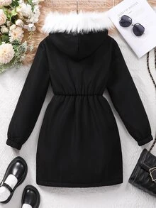 SHEIN Tween Girl Long Sleeve Zip-Up Thermal Lined Hooded Jacket For Autumn And Winter - Black - View 3
