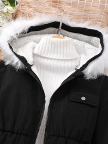 SHEIN Tween Girl Long Sleeve Zip-Up Thermal Lined Hooded Jacket For Autumn And Winter - Black - View 5