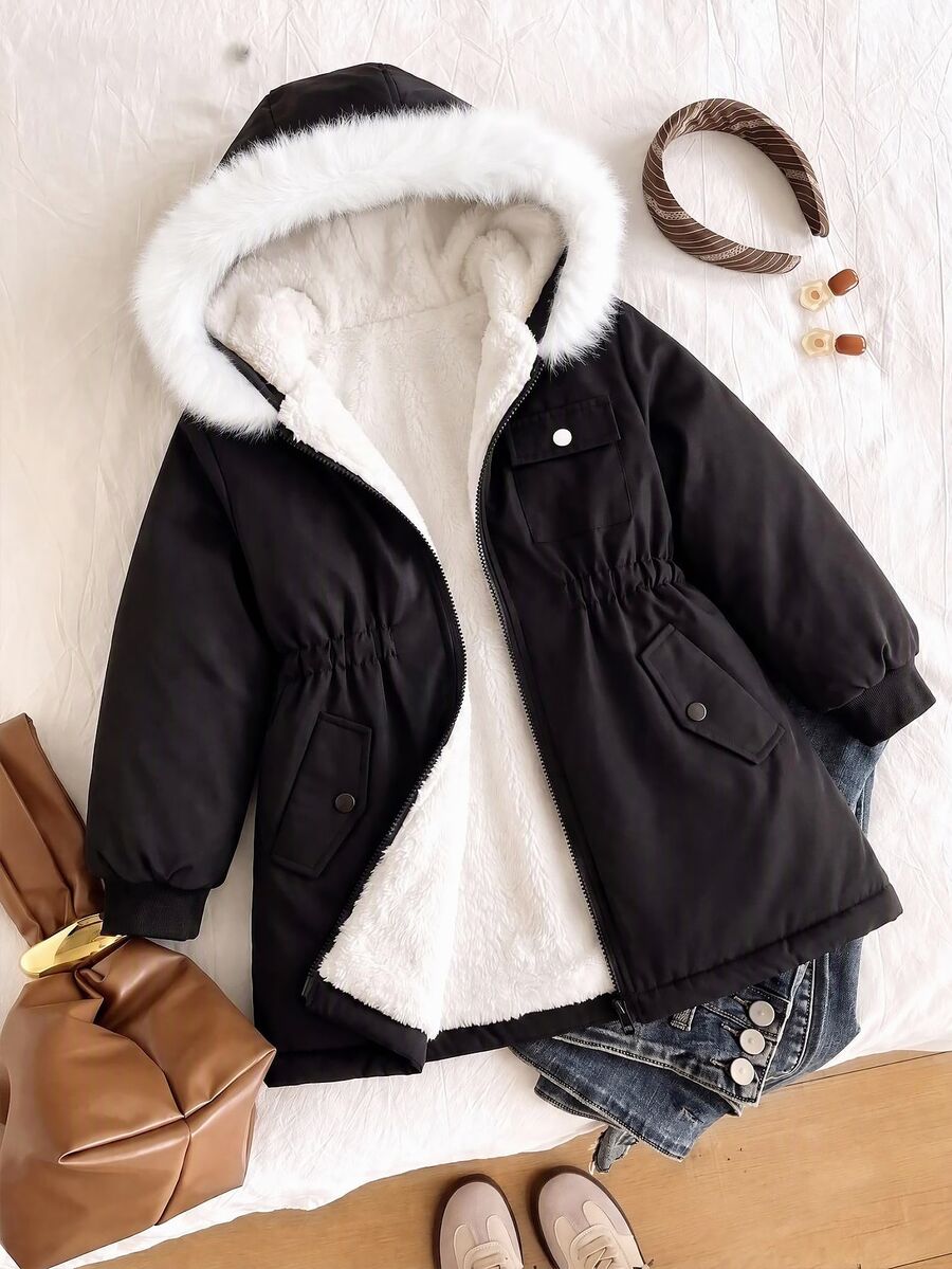SHEIN Tween Girl Long Sleeve Zip-Up Thermal Lined Hooded Jacket For Autumn And Winter