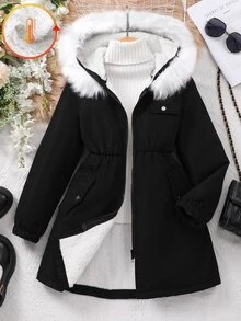 SHEIN Tween Girl Long Sleeve Zip-Up Thermal Lined Hooded Jacket For Autumn And Winter - Black - View 4
