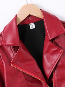 SHEIN Tween Girls Fleece Fall Clothes Red Chic 2010 Gnarly Katseye Faux Leather Long Sleeve Zip Up Jacket, Short Style, Autumn, Casual, Solid - Burgundy - View 5