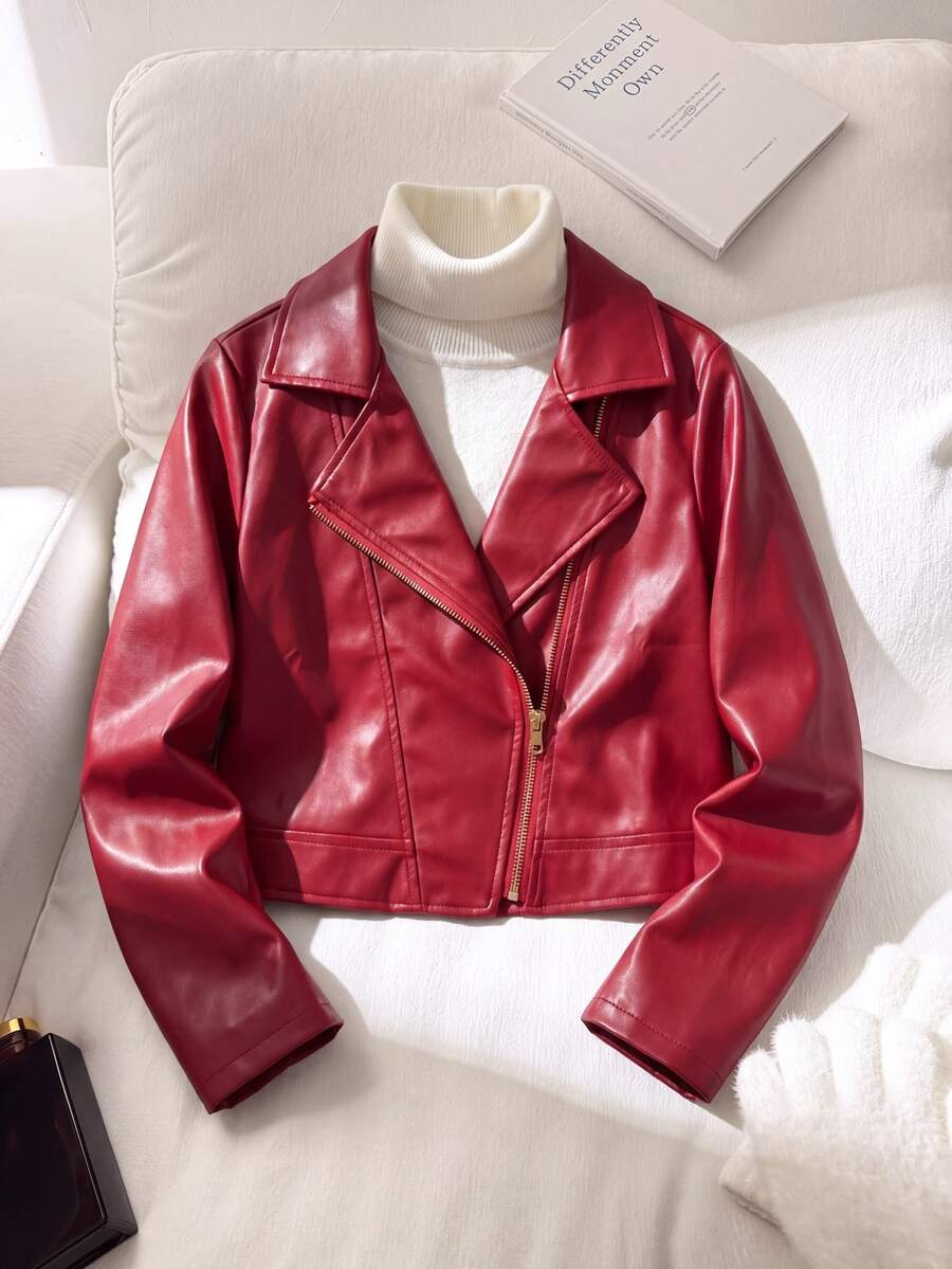 SHEIN Tween Girls Fleece Fall Clothes Red Chic 2010 Gnarly Katseye Faux Leather Long Sleeve Zip Up Jacket, Short Style, Autumn, Casual, Solid - Burgundy - View 1