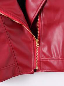 SHEIN Tween Girls Fleece Fall Clothes Red Chic 2010 Gnarly Katseye Faux Leather Long Sleeve Zip Up Jacket, Short Style, Autumn, Casual, Solid - Burgundy - View 6