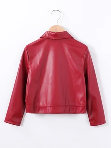 SHEIN Tween Girls Fleece Fall Clothes Red Chic 2010 Gnarly Katseye Faux Leather Long Sleeve Zip Up Jacket, Short Style, Autumn, Casual, Solid - Burgundy - View 3