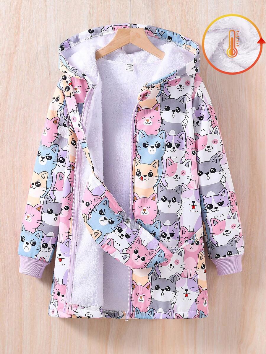 SHEIN Tween Girl Cartoon Print Thermal Lined Hooded Jacket, Winter