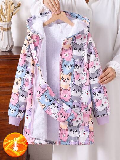 SHEIN Tween Girl Cartoon Print Thermal Lined Hooded Jacket, Winter