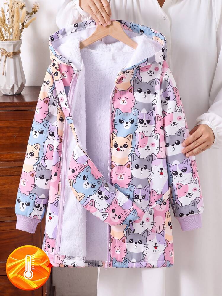 SHEIN Tween Girl Cartoon Print Thermal Lined Hooded Jacket, Winter - Multicolor - View 1