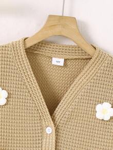 SHEIN Tween Girls Fall Clothes Long Sleeve Casual Floral Print Knitted Yellow Cardigan Zip Up Jacket, Autumn,Holiday,Summer,Travel Fall Winter - Khaki - View 7