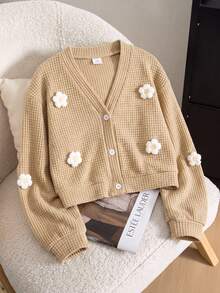 SHEIN Tween Girls Fall Clothes Long Sleeve Casual Floral Print Knitted Yellow Cardigan Zip Up Jacket, Autumn,Holiday,Summer,Travel Fall Winter - Khaki - View 4