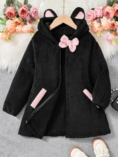 SHEIN 少女粉色耳朵寬鬆領結蝴蝶結黑色冬季可愛夾克，秋冬保暖內裡加厚