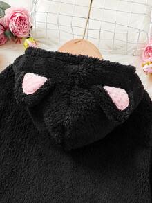 SHEIN Tween Girls Pink Ears Loose Collar Bowknot Black Winter Cute Jacket Autumn Winter, Thermal Lined Thick - Black - View 6
