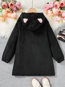SHEIN Tween Girls Pink Ears Loose Collar Bowknot Black Winter Cute Jacket Autumn Winter, Thermal Lined Thick - Black - View 3