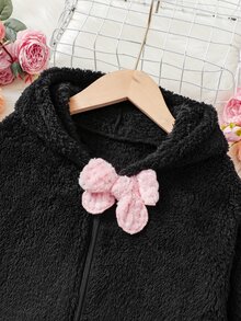 SHEIN Tween Girls Pink Ears Loose Collar Bowknot Black Winter Cute Jacket Autumn Winter, Thermal Lined Thick - Black - View 5