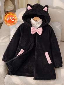 SHEIN Tween Girls Pink Ears Loose Collar Bowknot Black Winter Cute Jacket Autumn Winter, Thermal Lined Thick - Black - View 2