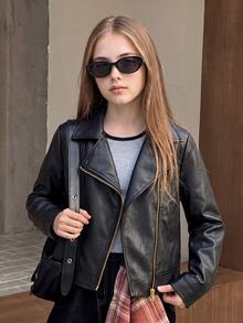 Teen Girl Long Sleeve Fleece Lined Casual Daily Black Jacket Halloween Autumn Fall Style - Black - View 4