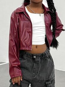 Tween Girls Fall Clothes PU Leather Zip Up Jacket, Red Short Motorcycle Jacket, Street Fashion Cool Style,Winter Clothes,Fall Clothing - Red - View 5