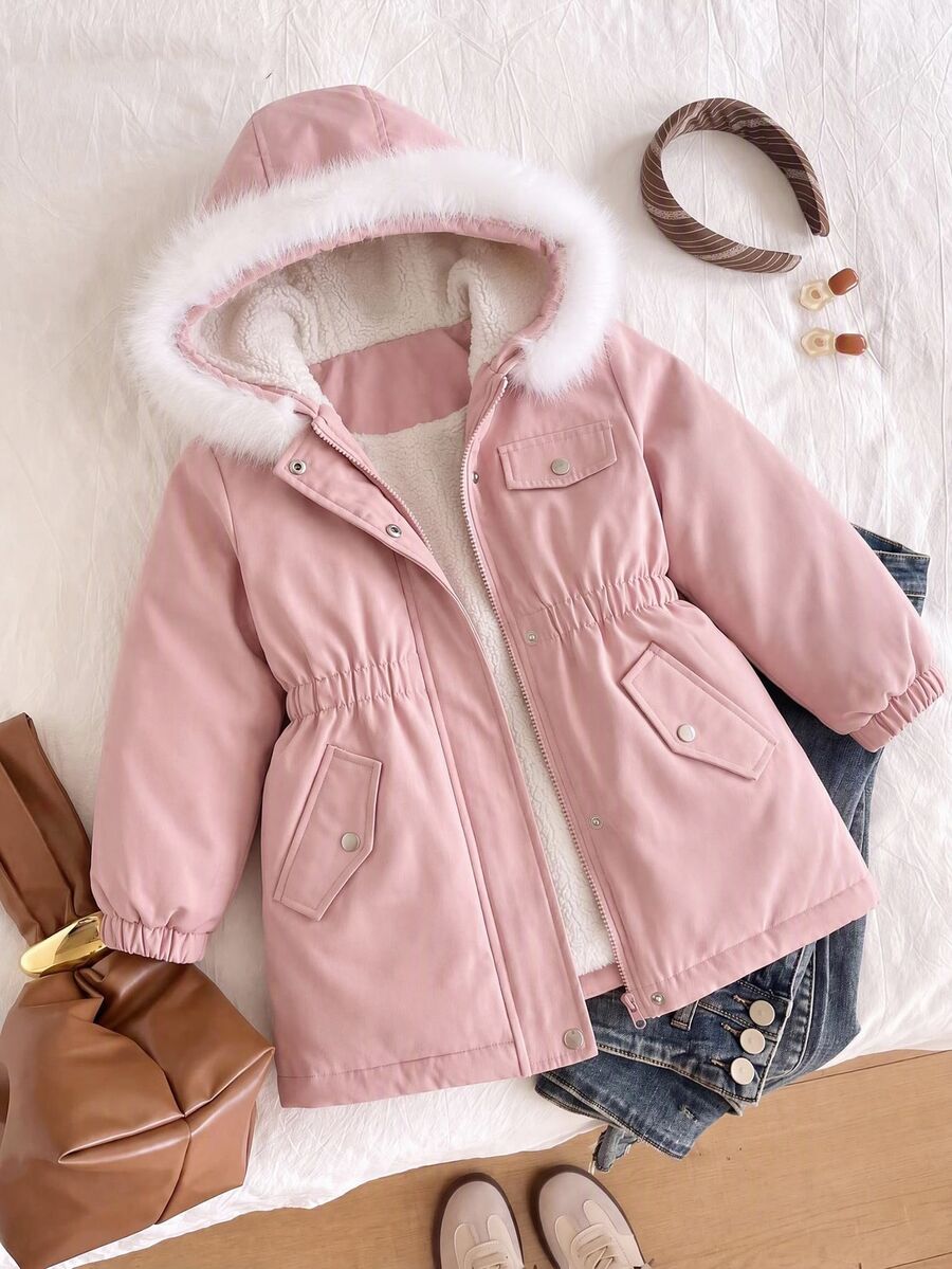 SHEIN Tween Girls Coat Fleece Fall Clothes Pink Long Sleeve Fluffy Patchwork Solid Zip-Up Thermal Lined Jacket, Autumn/Winter, Casual, Minimalist - Pink - View 1