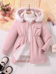 SHEIN Tween Girls Coat Fleece Fall Clothes Pink Long Sleeve Fluffy Patchwork Solid Zip-Up Thermal Lined Jacket, Autumn/Winter, Casual, Minimalist - Pink - View 3