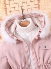 SHEIN Tween Girls Coat Fleece Fall Clothes Pink Long Sleeve Fluffy Patchwork Solid Zip-Up Thermal Lined Jacket, Autumn/Winter, Casual, Minimalist - Pink - View 5