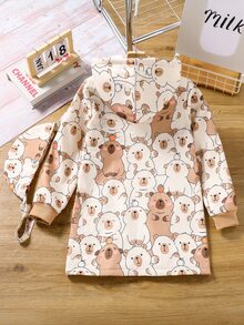 SHEIN Tween Girls Coat Fall Clothes Long Sleeve Zip Up Jacket,Khaki Composite Fleece Jacket With Capybara Digital Printing,Matching Fabric Bag Autumn Winter - Khaki - View 3