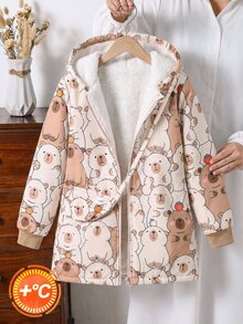 SHEIN Tween Girls Coat Fall Clothes Long Sleeve Zip Up Jacket,Khaki Composite Fleece Jacket With Capybara Digital Printing,Matching Fabric Bag Autumn Winter - Khaki - View 2