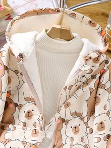 SHEIN Tween Girls Coat Fall Clothes Long Sleeve Zip Up Jacket,Khaki Composite Fleece Jacket With Capybara Digital Printing,Matching Fabric Bag Autumn Winter - Khaki - View 10