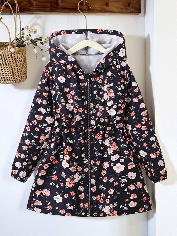 SHEIN Tween Girls Autumn Clothes Floral Print Zip Up Hooded Coat, Casual Cute Preppy Cinched Waist Long Sleeve Outerwear For Daily School Student Blue - Blue - View 3