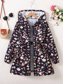 SHEIN 青少年女孩秋季花卉印花拉鍊連帽外套，休閒可愛學院風收腰長袖外衣，適合日常上學學生穿著，藍色 - 藍色 - 查看 10