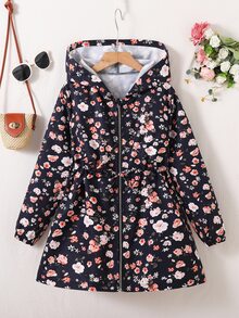 SHEIN 青少年女孩秋季花卉印花拉鍊連帽外套，休閒可愛學院風收腰長袖外衣，適合日常上學學生穿著，藍色 - 藍色 - 查看 9