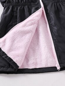 SHEIN 青少年女孩黑色抓絨拉鍊連帽防風夾克外套，長袖休閒中長版保暖內裡外套，秋冬款，純色簡約 - 彩色 - 查看 9