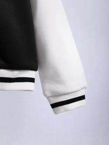 SHEIN Tween Girls Fall Clothes Letter Patched Black And White Trim Varsity Jacket, Snap Button Kids Outerwear Without Tee For School Autumn Daily Casual... - Black and White - View 4