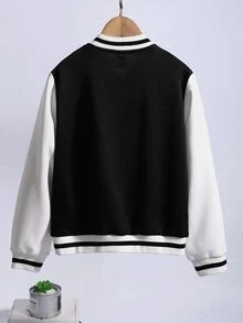 SHEIN Tween Girls Fall Clothes Letter Patched Black And White Trim Varsity Jacket, Snap Button Kids Outerwear Without Tee For School Autumn Daily Casual... - Black and White - View 2