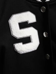 SHEIN Tween Girls Fall Clothes Letter Patched Black And White Trim Varsity Jacket, Snap Button Kids Outerwear Without Tee For School Autumn Daily Casual... - Black and White - View 7