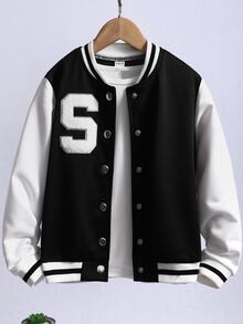 SHEIN Tween Girls Fall Clothes Letter Patched Black And White Trim Varsity Jacket, Snap Button Kids Outerwear Without Tee For School Autumn Daily Casual... - Black and White - View 8