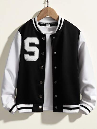 SHEIN 青少年女孩秋季字母拼接黑白滾邊棒球夾克，按扣式兒童外套，不含T恤，適合學校、秋季日常休閒穿搭