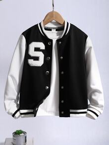 SHEIN Tween Girls Fall Clothes Letter Patched Black And White Trim Varsity Jacket, Snap Button Kids Outerwear Without Tee For School Autumn Daily Casual... - Black and White - View 5