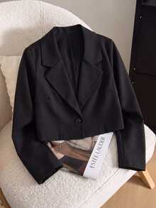 SHEIN Tween Girl Long Sleeve Black Crop Coat Halloween Autumn Fall - Black - View 2