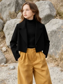 SHEIN Tween Girl Long Sleeve Black Crop Coat Halloween Autumn Fall - Black - View 5