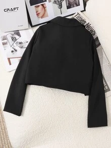 SHEIN Tween Girl Long Sleeve Black Crop Coat Halloween Autumn Fall - Black - View 3