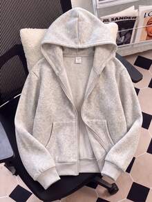 SHEIN 青少年女孩休閒高街百搭寬鬆連帽口袋落肩抓絨內裡運動外套，日常運動穿搭，秋季灰色 - 灰色 - 查看 1
