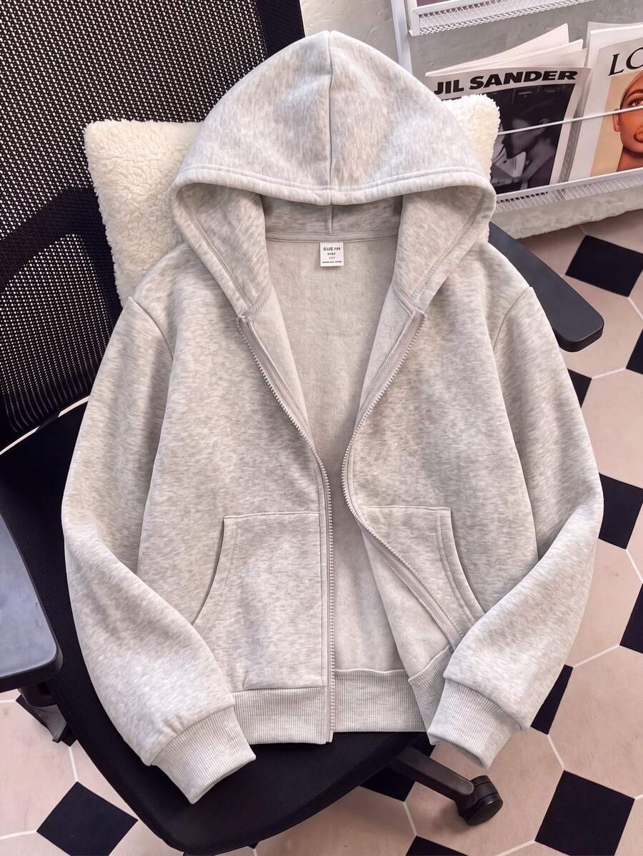 SHEIN 青少年女孩休閒高街百搭寬鬆連帽口袋落肩抓絨內裡運動外套,日常運動穿搭,秋季灰色 - 灰色 - 查看 1
