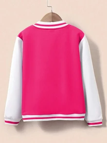 SHEIN Tween Girls Preppy Color‑Block Varsity Jacket, Letter S Towel‑Patch Snap‑Button Baseball Outerwear Without Tee For Autumn Winter Casual School Wear - Hot Pink - View 2